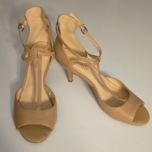 Nine West Nude/Tan T-Strap Heeled Sandals